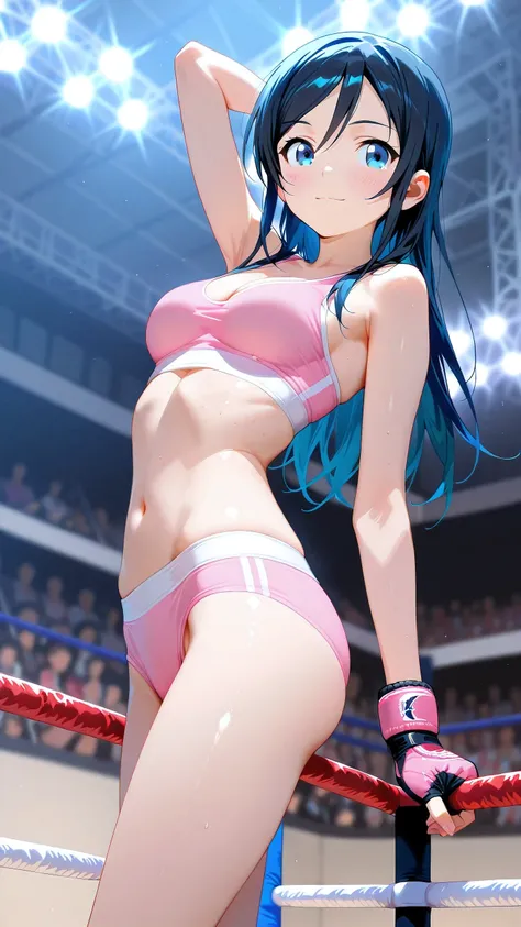 ayase aragaki, long hair, blue eyes, black hair, solo, Detailed eyes, pink sports bra, pink low leg and low rise small spats, pink fingerless gloves, thigh, cleavage, slim long legs, medium breast, light smile, looking at viewer, Detailed eyes, Detailed fa...