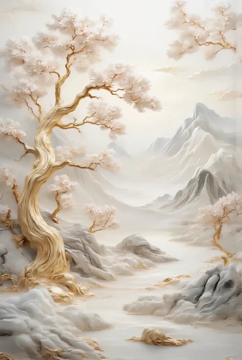 of clear color, deep and sharp, depictions of flowering trees with gilded stems, old chinese landscape, there is a pine tree, flowing streams and rocks