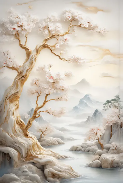 of clear color, deep and sharp, depictions of flowering trees with gilded stems, old chinese landscape, there is a pine tree, flowing streams and rocks