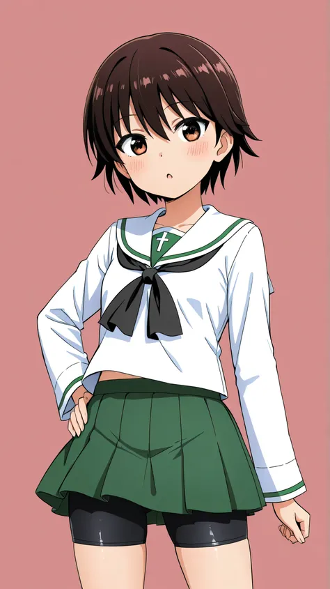 isobe noriko,ooarai school uniform,black tie,bike shorts,black shorts,shorts under skirt,cowboy shot, 