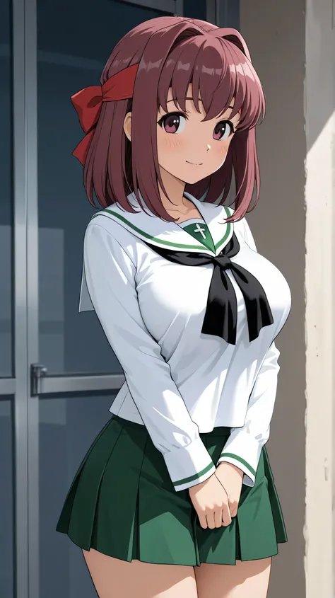 kondou taeko,ooarai school uniform,black tie,cowboy shot, 