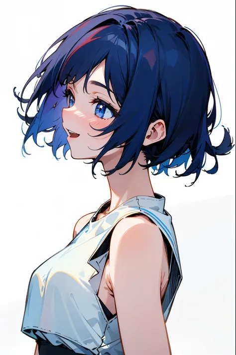 One girl、solo、short hair、dark blue hair、Blue eyes、Laughter、white sleeveless dress、Line art、simple background、upper body closeup、From the side