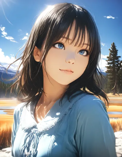 1girl, year 2016, upper body, Yellowstone National Park, blue sky, casual clothes, masterpiece, high score, great score, absurdres, 16k, Ultra detailed, (photorealistic : 0.5)