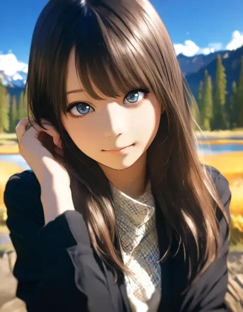 1girl, year 2016, upper body, Yellowstone National Park, blue sky, casual clothes, masterpiece, high score, great score, absurdres, 16k, Ultra detailed, (photorealistic : 0.5)