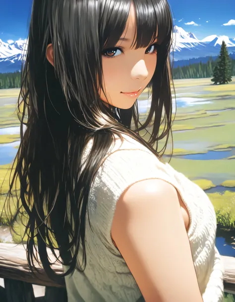 1girl, year 2016, upper body, Yellowstone National Park, blue sky, casual clothes, masterpiece, high score, great score, absurdres, 16k, Ultra detailed, (photorealistic : 0.5)