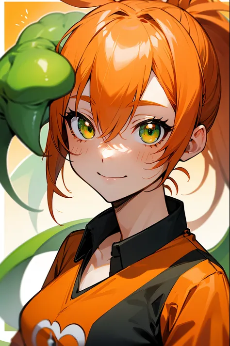 Ebi no Monster Musume、orange clothes、orange hair、ponytail、beautiful green eyes、Smiling、Shrimp mascot、upper body closeup
