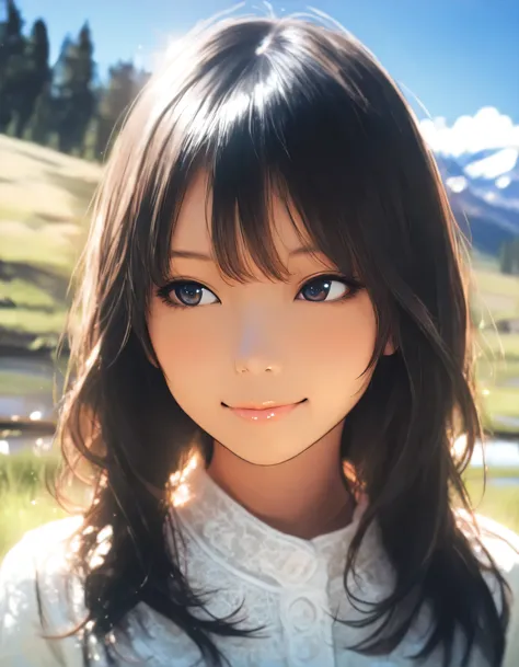 1girl, year 2016, upper body, Yellowstone National Park, blue sky, casual clothes, masterpiece, high score, great score, absurdres, 16k, Ultra detailed, (photorealistic : 0.5)
