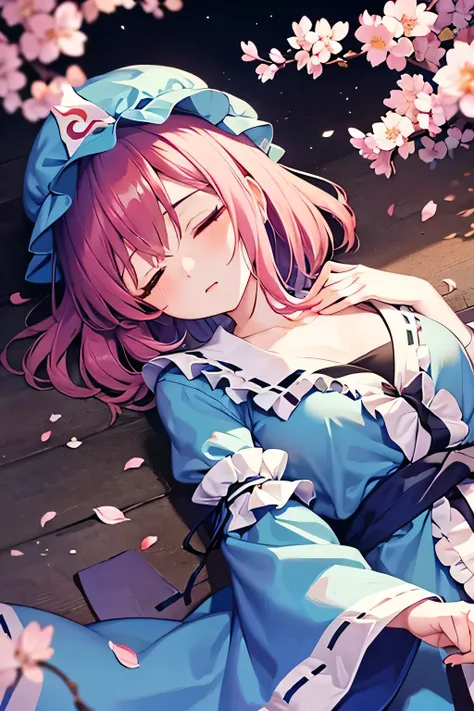 Yuyuko Saigyouji (Touhou), Cherry Blossoms At night, as the cherry blossoms bloom and fall, Yuyuko Saigyouji commits suicide by stabbing herself in the chest beneath a cherry tree. A great deal of blood flows from her chest, and she falls into an eternal s...