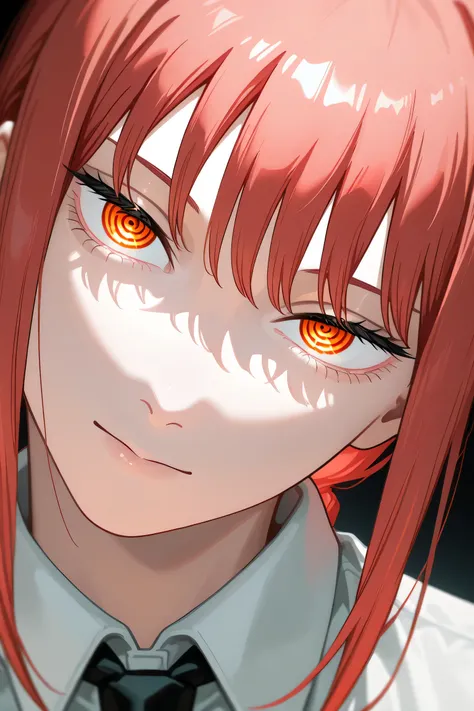 makima chainsaw man, close up, looking at viewer, attractive, beautiful, head tilt, dark background