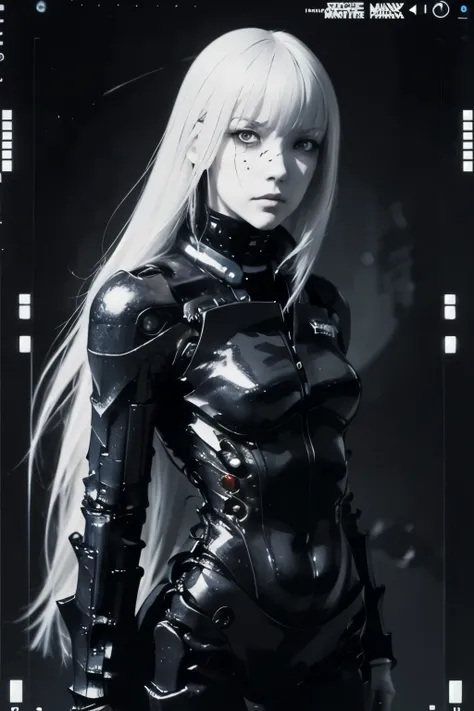 solo,blame, tsutomu nihei, by tsutomu nihei,movie, cibo, GBE,1girl ,ova, long hair, Platinum blonde hair,cybernetic female android, emotionless pale face, white long straight hair with blunt bangs, wearing black mechanical bodysuit with armored plating and...