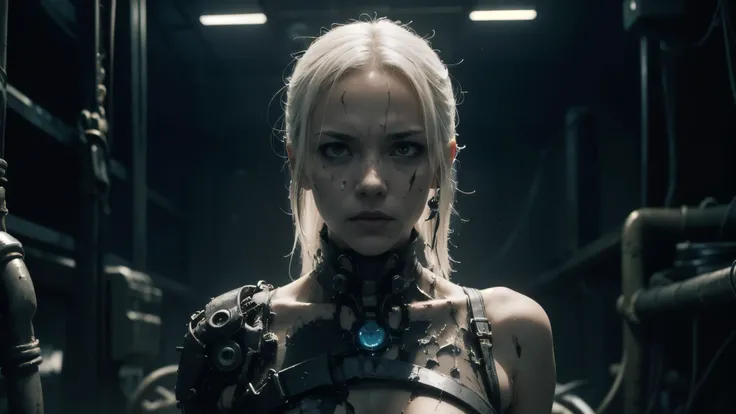 wide shot, 35mm lens, solo,blame, tsutomu nihei, by tsutomu nihei,movie, cibo, GBE,1girl ,ova, long hair, Platinum blonde hair,a disturbing biomechanical female torso, her upper body remains crucified like a suffering Jesus figure, arms outstretched and su...