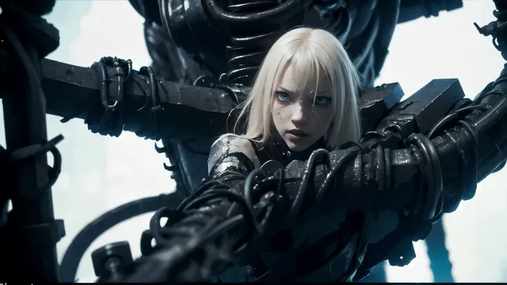 medium shot, 50mm lens, focused on upper body, solo,blame, tsutomu nihei, by tsutomu nihei,movie, cibo, GBE,1girl ,ova, long hair, Platinum blonde hair,a disturbing biomechanical female figure with only her upper body remaining, suspended in a dim, surreal...