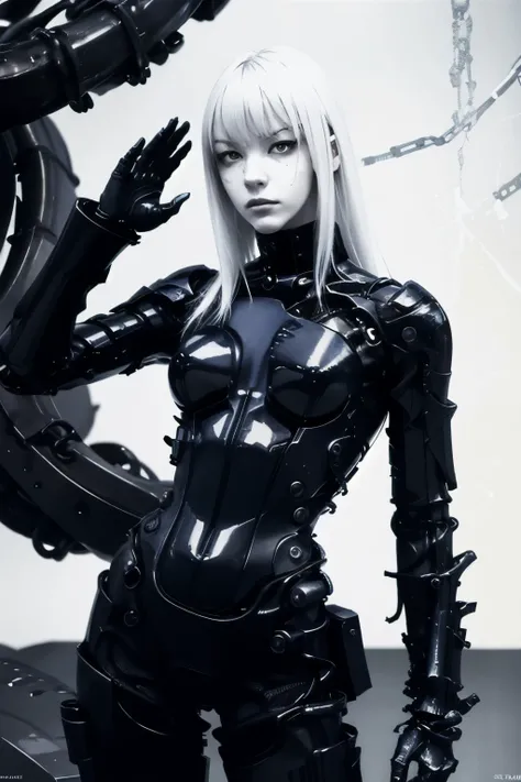 solo,blame, tsutomu nihei, by tsutomu nihei,movie, cibo, GBE,1girl ,ova, long hair, Platinum blonde hair,cybernetic female android, emotionless pale face, white long straight hair with blunt bangs, wearing black mechanical bodysuit with armored plating and...