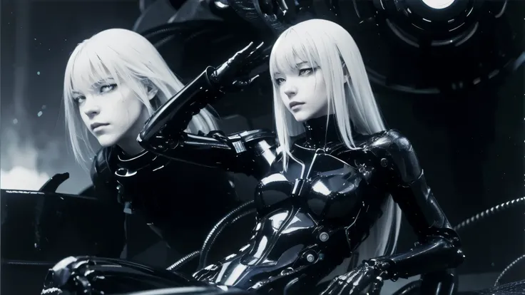 solo,blame, tsutomu nihei, by tsutomu nihei,movie, cibo, GBE,1girl ,ova, long hair, Platinum blonde hair,cybernetic female android, emotionless pale face, white long straight hair with blunt bangs, wearing black mechanical bodysuit with armored plating and...