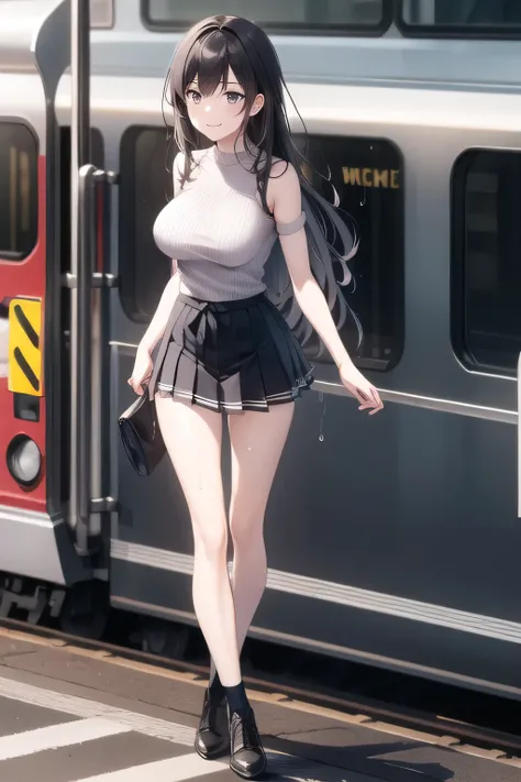 long black haired woman ，Wears a white hair band，nice smile激しい雨の中で濡れるのに苦労しています，my nipples are sharp、 My Areolas Can Be Seen Through ，My whole body is wet from heavy rain，Black wool sweater without sleeves，Please cover her chest with clothes，High socks on m...