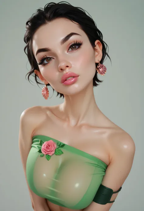 black hair, short hair, (forehead), (green band head), black thin eyebrows, dark brown eyes, black eyelashes, nose, normal lips, pink lips, huge breasts, (green tube top), metal background