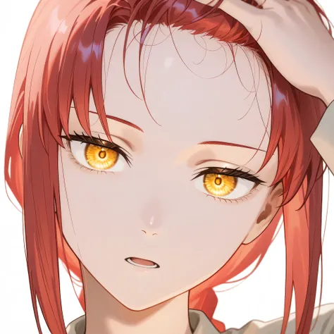 makima, close up, looking at viewer, attractive, beautiful, head tilt, serious expression, open mouth, hand on hair, showing forehead, forehead