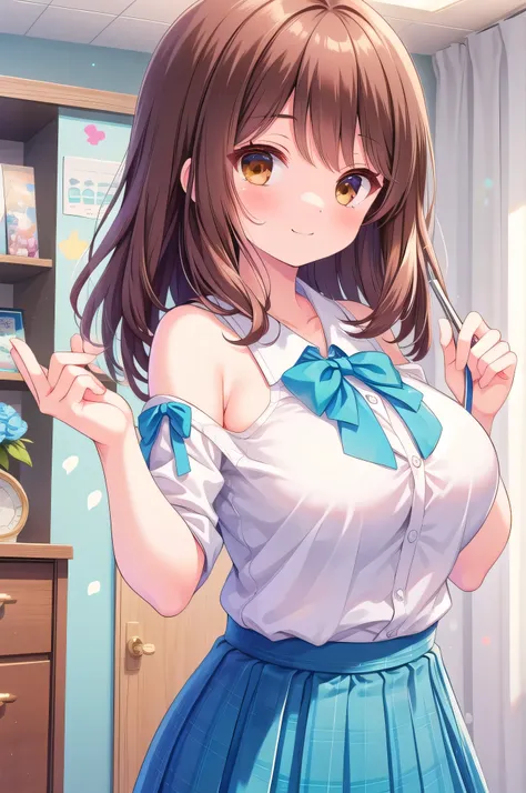 (masterpiece, best quality), highly detailed background, perfect quality, shiina kokomi, solo, brown hair, long hair, brown eyes, breasts, blue jacket, white shirt, blue bowtie, blue skirt, plaid skirt, smile, happy, fully shoulders, big breasts, room,