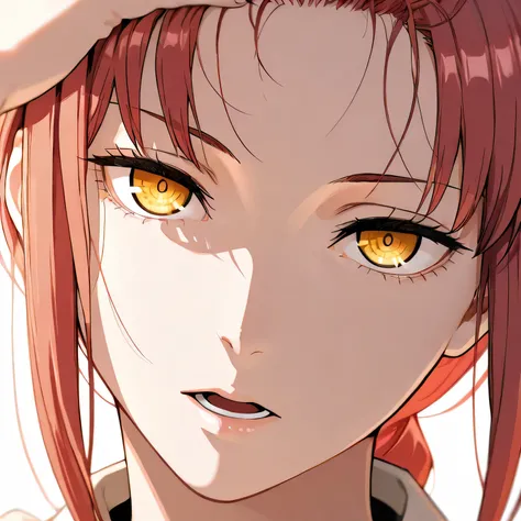 makima, close up, looking at viewer, attractive, beautiful, head tilt, serious expression, open mouth, hand on hair, showing forehead, forehead