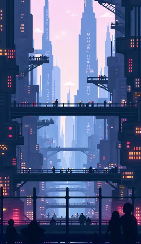 (pixel art), cityscape, futuristic town, modern city, gradient cityscape, dark theme