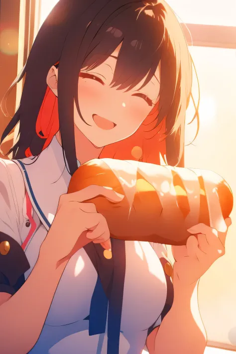 ,   milf idol girl,,Ruan1062  ,lens flare, , Blind, source_Anime, Deuce's smile,   perfect body ,  girl dressed as a maid holding a bread on her palm, inside of magical kawaii bakery background:1.5, 