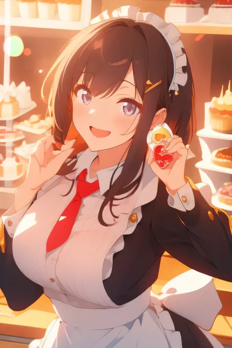 ,   milf idol girl,,Ruan1062  ,lens flare, , Blind, source_Anime, Deuce's smile,   perfect body ,  girl dressed as a maid holding a miniature kawaii bakery on her palm, inside of magical kawaii bakery background:1.5, 
