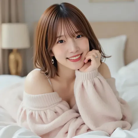 viewers, (Lola:Uchida Mari ) (8K)()(1 person,solo)(1 personの写真)(pink lipstick)()()()(Off Shoulder Sweater 1 :2)()(hotel)(Big Beautiful Breasts 1:2)(Lie face down on the bed)