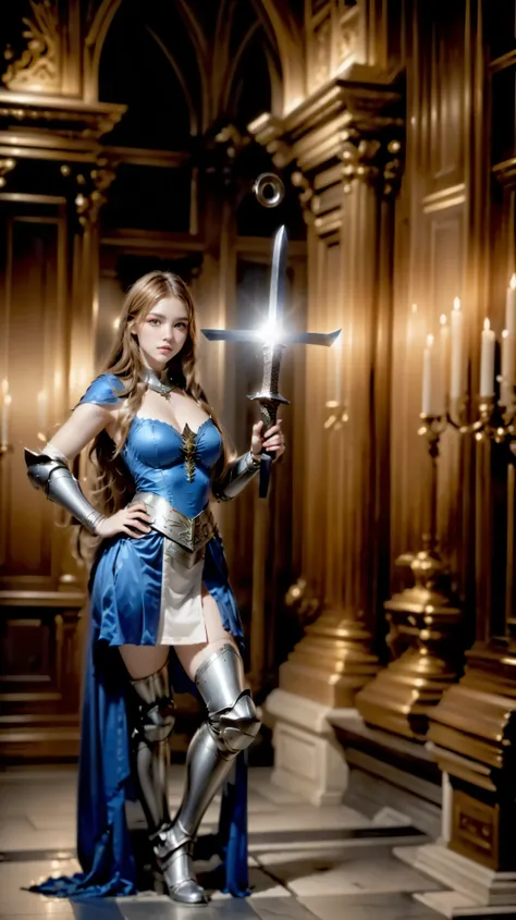woman in medieval costume holding a sword in a room with ancient objects, no arsenal medieval, Cavaleira Medieval, fotografia medieval, Medieval female warrior,  posing with a sword, She's holding a sword, estilo medieval, of a beautiful knight, retrato me...