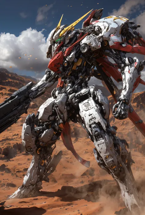 hyperrealism, Photo shoot, with arms extended, Mech01 in a strong position and, mecha, science_Factor _Insert Core . Gundam_Barbatos, B4RBAT0S, Action scene shot with, Red Sand, Red Canyon . Mobile Suit Barbatos is collecting energy for a final attack, A l...