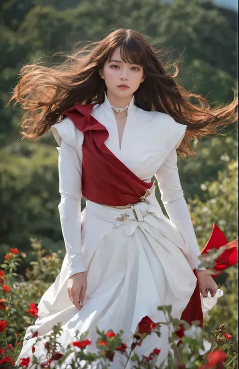 The whole body of the woman nicknamed the "White Knight".
She watches the battle from the top of a high hill.
Her perfectly fitted outfit and crimson cape flutter in the wind.
Fantastic haute couture fashion, romantic and nostalgic, cinematic lighting, ult...