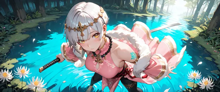 ((masterpiece, best quality, ultra detailed, high resolution, beautiful detailed face, beautiful detailed eyes, perfect hands, 4K)), (1 woman, solo), (medium breasts), (girl with short pixie cut, straight bangs, soft layers, neat around ears and nape, silv...