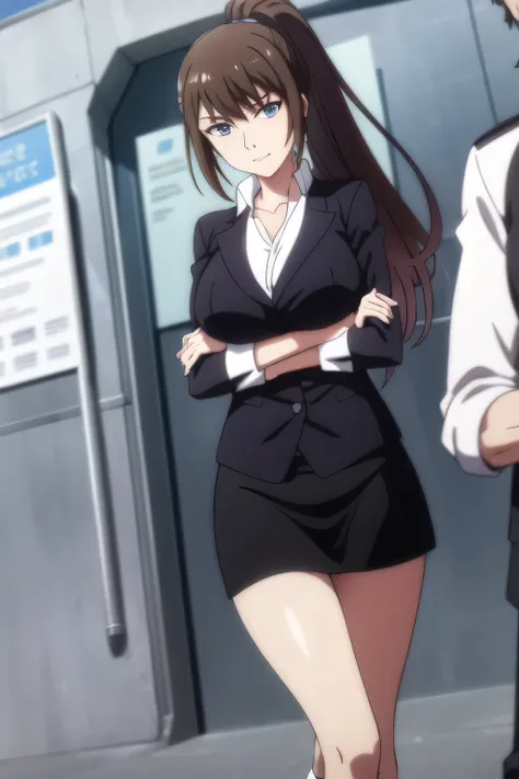 Pleated Mini Skirts，Please wear absolute area two-high socks on both legs，Black hair long hair，ponytail hair ，can you draw a more delicate facial expression，miniskirt wearing a police uniform，The face is absolutely necessary，Please tell me the exact expres...