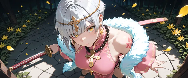 ((masterpiece, best quality, ultra detailed, high resolution, beautiful detailed face, beautiful detailed eyes, perfect hands, 4K)), (1 woman, solo), (medium breasts), (girl with short pixie cut, straight bangs, soft layers, neat around ears and nape, silv...