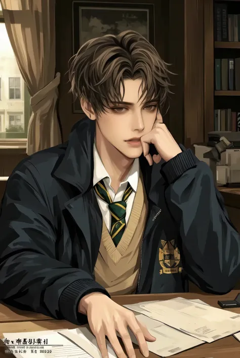Handsome young Western age man in a school uniform, seated at a wooden desk in a dimly lit classroom or study room. He has tousled dark brown wavy hair, hazel eyes, and warm freckled skin. His face is calm and thoughtful, resting his head on one hand while...