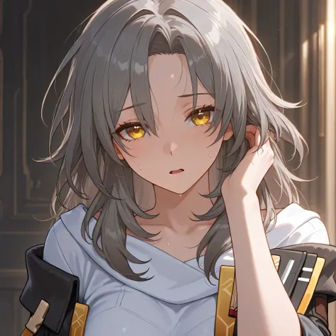 stelle honkai star rail, view from front, head tilt, medium breast, looking at viewer, shy, open mouth, attractive look, hand on hair, showing forehead, looking confident, sweat