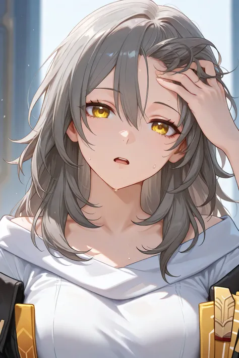 stelle honkai star rail, view from front, head tilt, medium breast, looking at viewer, clueless, open mouth, attractive look, hand on hair, showing forehead, looking confident, sweat