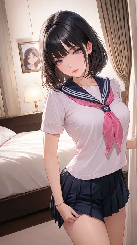 bedroom、Delinquent Girl、A beautiful intelligent girl、mesmerizing expression standing、 and seduce them on the bed、a cute girl,18 years old、high school girl、short sleeve sailor suit、short skirt、Dark Eyes、long slit eyes、black hair with gold mesh、Medium Layere...