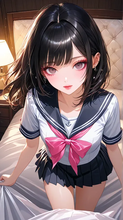 bedroom、Delinquent Girl、A beautiful intelligent girl、mesmerizing expression standing、 and seduce them on the bed、a cute girl,18 years old、high school girl、short sleeve sailor suit、short skirt、Dark Eyes、long slit eyes、black hair with gold mesh、Medium Layere...