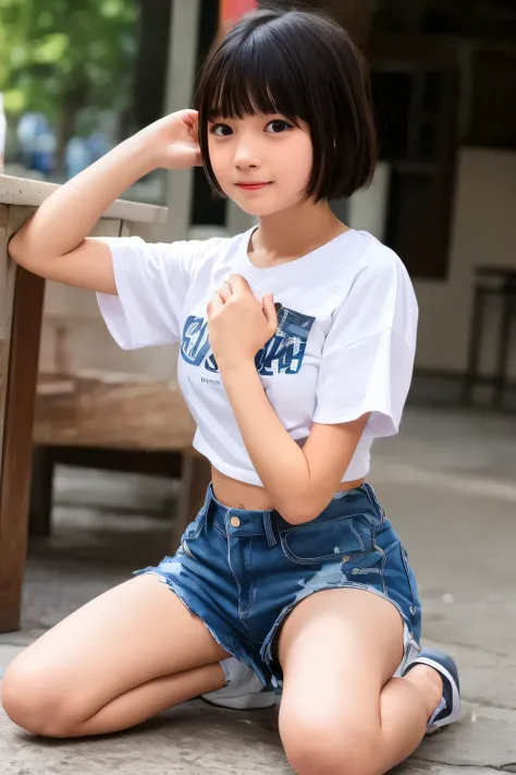 The girl opens her legs and kneels down、shorts、short bob hair、