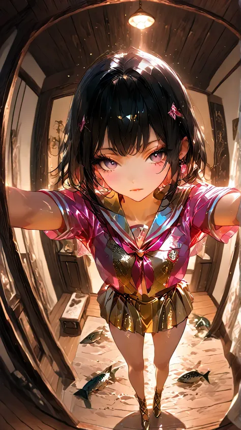 bedroom、Delinquent Girl、A beautiful intelligent girl、mesmerizing expression standing、 and seduce them on the bed、a cute girl,18 years old、high school girl、short sleeve sailor suit、short skirt、Dark Eyes、long slit eyes、black hair with gold mesh、Medium Layere...