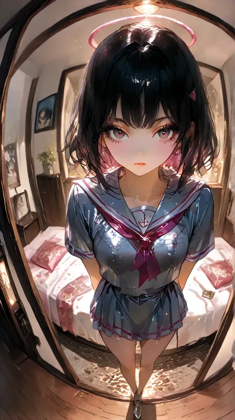 bedroom、Delinquent Girl、A beautiful intelligent girl、mesmerizing expression standing、 and seduce them on the bed、a cute girl,18 years old、high school girl、short sleeve sailor suit、short skirt、Dark Eyes、long slit eyes、black hair with gold mesh、Medium Layere...