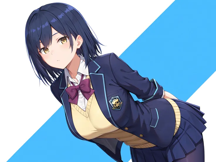 solo,masterpiece,best quality, amazing quality, highres, absurdres, very aesthetic, high resolution, ultra detailed, perfect details,nijirin,large breasts,yellow eyes,blue hair,black hair,moles,medium hair,nijirincos,white shirt,collared shirt,purple bowti...
