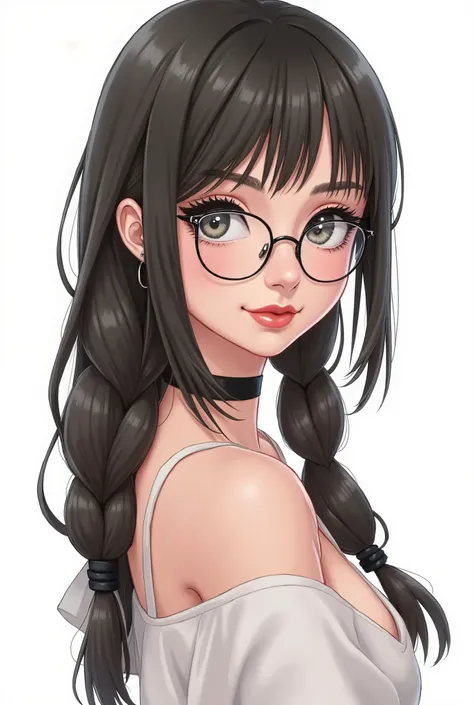 smudgy, traditional art, liu2, brush texture, score_9, score_8_up, score_7_up, 1girl, black hair, braids, straight hair, long hair, grey eyes, thick lips, small, long eyelashes, half-closed eyes, black-framed eyewear, round eyewear, black choker, blunt ban...