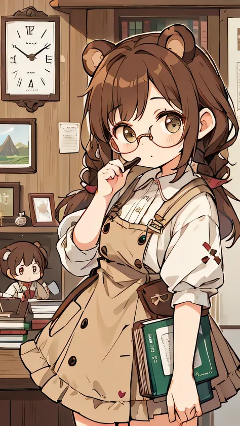 name Noel Kitayama, brown round bear ears、 Girl Scouts、brown hair、braid pigtails、Round glasses、Books、clock、 antique cafe、chocolate cake、cowboy shot, portrait,