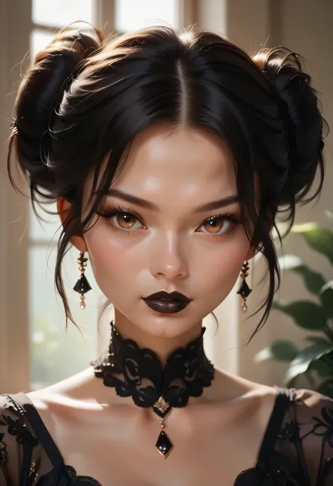 ((Perfect Face, Black Hair Bun, Brown Eyes, Black Thick Lips, Female Beautiful)), (Anime Girl, Illustration, Drawn, Portrait, Solo)