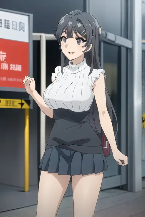 こちらを見て微笑んでいるnice smileの女性，Please draw big breasts with even bigger breasts，wearing miniskirt police uniform，long black haired woman ，The face is absolutely necessary，sleeveless black wool sweater，hide your chest with a costume，2 high socks on my feet，accur...