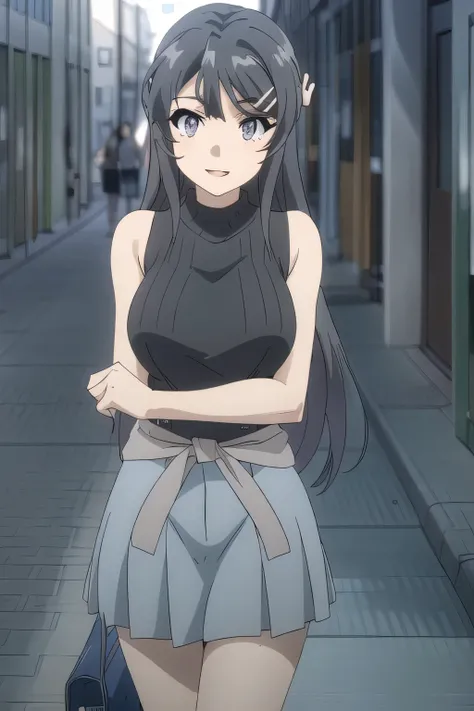 I'm resting on a park bench，こちらを見て微笑んでいるnice smileの女性，Big breastsと更にBig breastsを描いてください，miniskirt wearing a police uniform，Long dark-haired women ，The face is absolutely necessary，sleeveless black wool sweater，Hide your chest with a costume，High Socks on M...