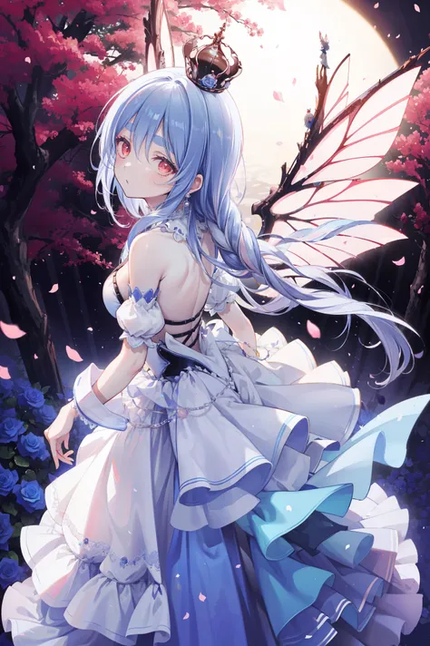 (Beautiful, pretty, Very detailed, Masterpiece, high res,high quality,high res),(Facial coordination ,with soft and slender lines: 1.2, pretty, delicate and vivid ,mature and clear illustrations), A fairy princess with butterfly-like wings stands graceful...