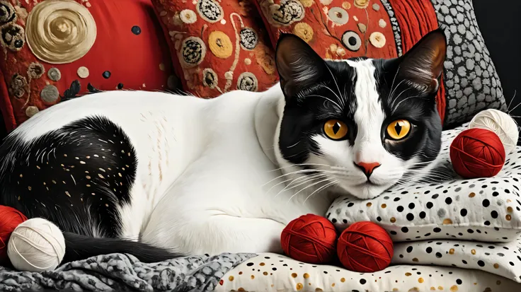  Imagine a surreal portrait of a cat whose body is a mosaic of polka dots and various textures and materials, including fabric,wool and buttons . The cat is lying on a cushion with some embroidery blankets and balls of yarn around. Its expression is serene...