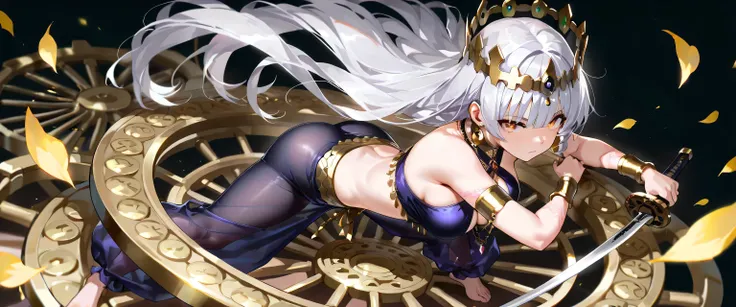 ((masterpiece, best quality, ultra detailed, beautiful detailed face, eyes, perfect hands, 4K)), silver platinum long hair, straight bangs, medium breasts, wearing purple criss-cross halter top, see-through harem pants, Arabian outfit with floral sash, gol...